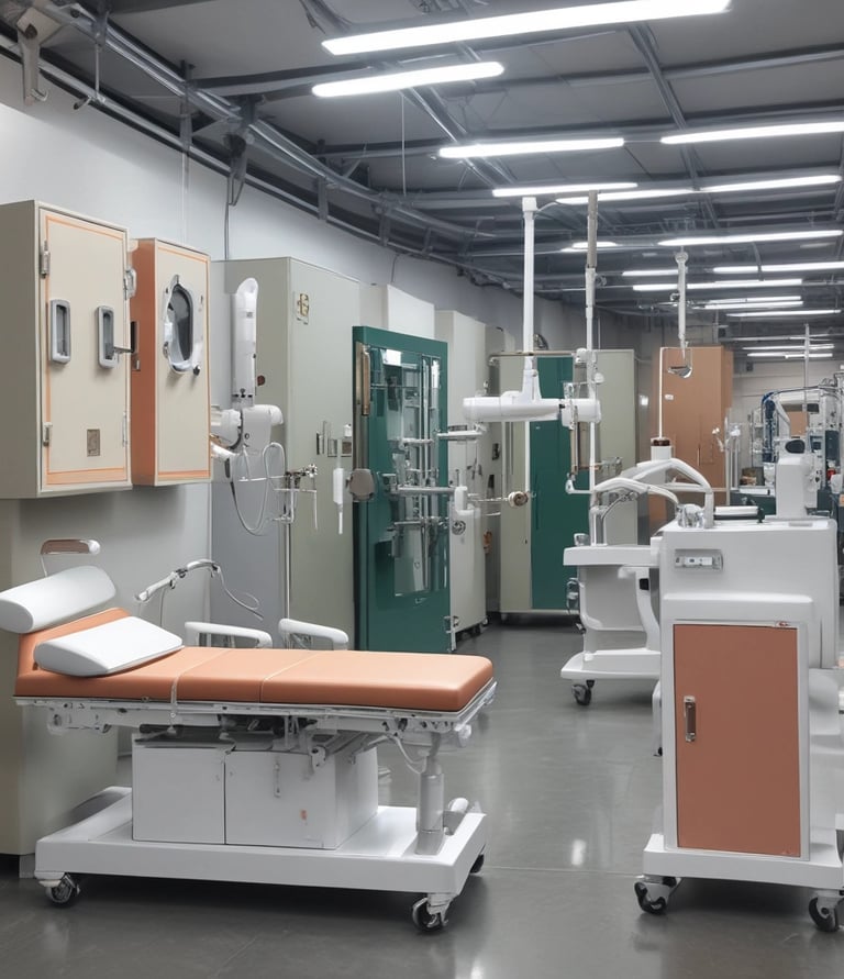 A healthcare professional dressed in blue scrubs, a cap, and a mask is seated next to a person wearing a pink shirt with cartoon characters on the back. They are in what appears to be a clinical setting with various signs and partitions around them.
