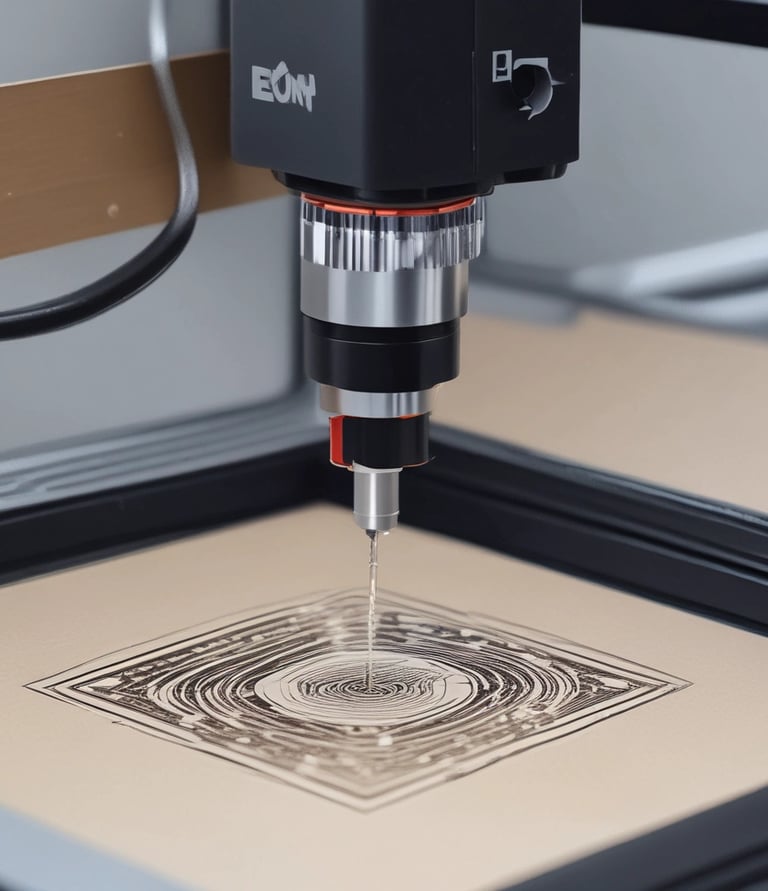 A laser cutter is in operation, with a beam slicing through a sheet of material placed on a cutting bed. The metallic nozzle of the machine is visible, directing the laser precisely along the edge.