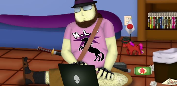 Neckbeard in a fedora sitting in front of his laptop in a dirty room