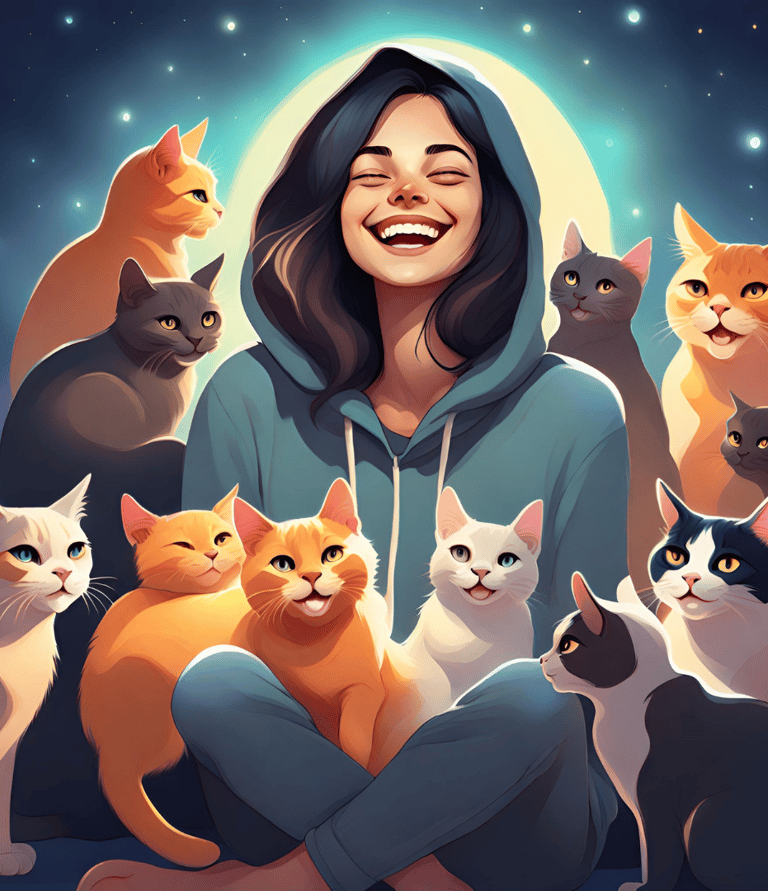 Eine dunkelhaarige Frau, in einem Hoodie umgeben von einer Vielzahl an Katzen