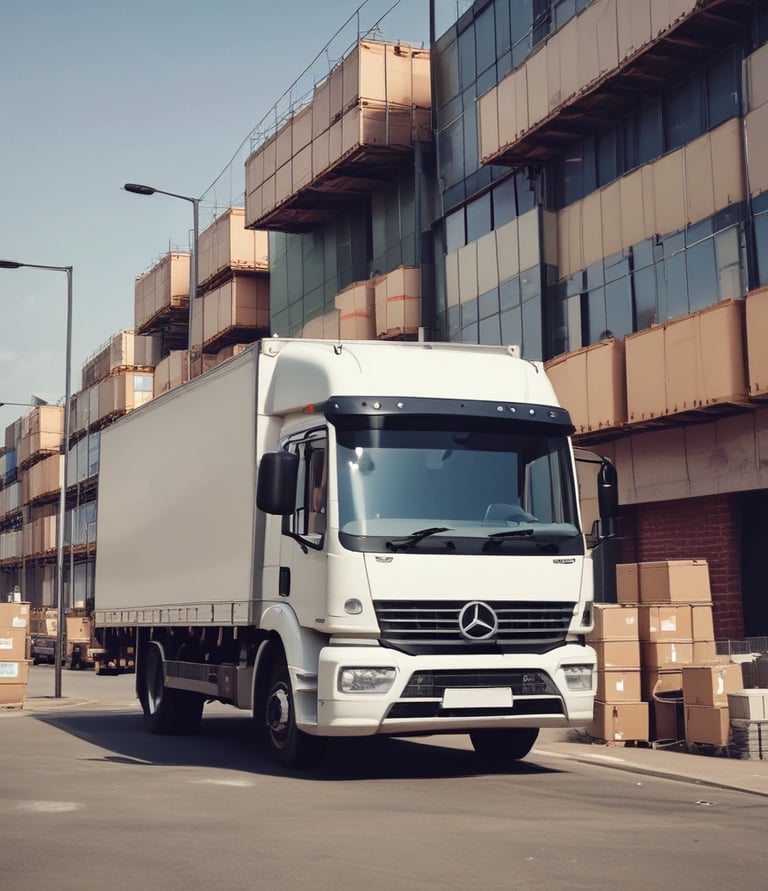 Two delivery trucks are parked on a city street. The truck on the left is yellow with DHL branding, displaying a partial image of a person wearing a red cap. The truck on the right is dark brown with UPS branding. The street is wet, suggesting recent rain, and the setting appears to be urban, with multi-story buildings lining the street.