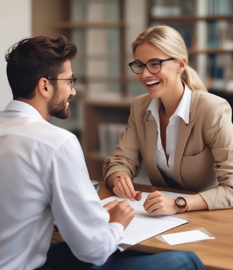A warm and welcoming office space with a friendly support worker assisting a client.