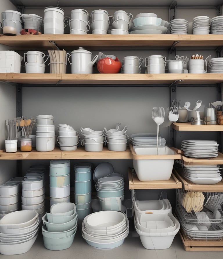 A variety of handmade ceramic items are displayed on a light brown surface. These include colorful plates with floral designs, a large green bowl, several decorative pieces shaped like flowers, leaves, and other nature motifs. Prices are marked with numbers written on small pieces of paper placed next to some items.