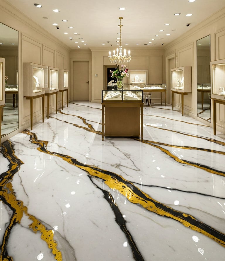 Luxury jewelry store with glossy white marble floor, featuring dramatic gold and black veins