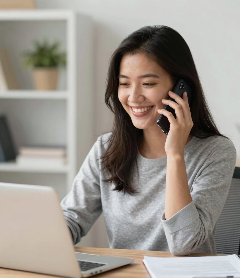 A person is typing on a silver laptop with a screen displaying text about designing digital solutions for big customers. Nearby, there is a black smartphone and white earphones placed on the desk. The person's sleeves are light blue, suggesting a casual attire.