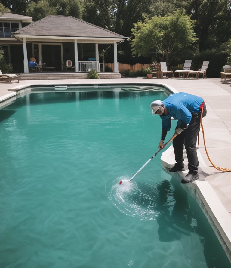 A wheeled cart with a pool cleaning device is parked next to an outdoor swimming pool. The cart holds various cleaning supplies and hoses. The pool is surrounded by a stone-tiled deck and overlooks a body of water with trees and houses in the background.