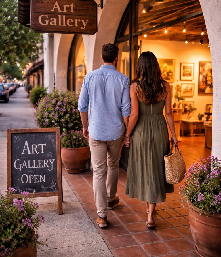 Couple holding hands entering an art gallery in downtown Ojai, California at golden hour