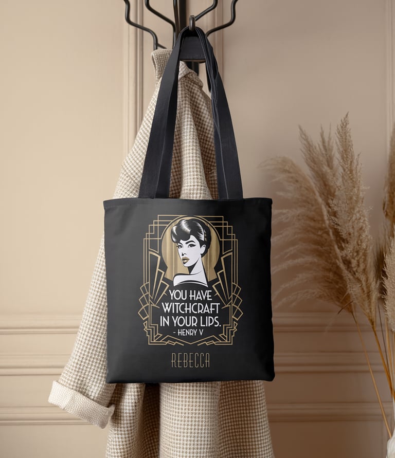 Custom chic black and gold tote bag, art deco style with quote "You have witchcraft in your lips".