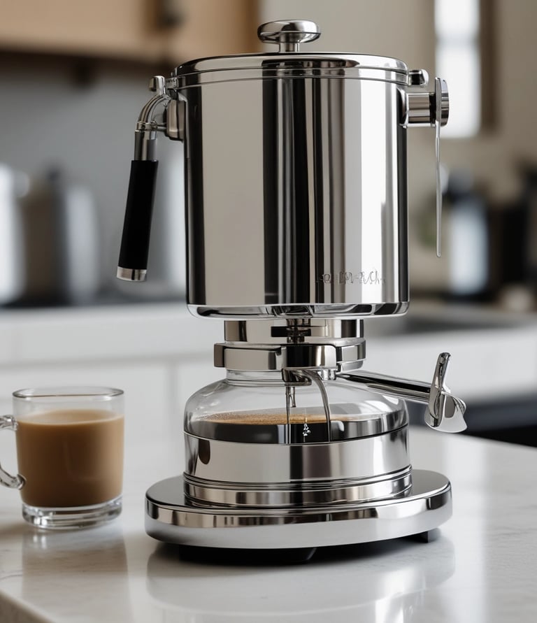 a coffee maker with a cup of coffee in a kitchen