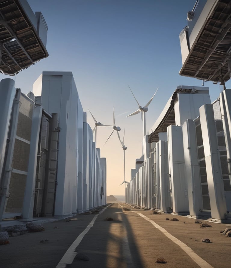 A sprawling AI data center complex powered entirely by onsite renewable energy under a clear blue sky.