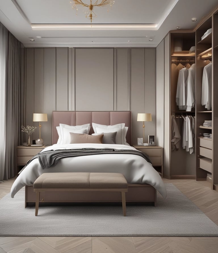 An elegantly designed room features modern wooden furniture, with various types of seating and shelving. The space is well-lit due to large windows that allow natural light to stream in. Hanging geometric pendant lights add to the stylish atmosphere. The decor includes colorful throw pillows and minimal decorative pieces.