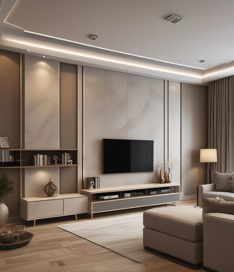 A small, minimalist interior scene features a wooden table with two matching wooden chairs with brown cushions on either side. A framed artwork of a Moka pot hangs on the beige wall above the table, adding a touch of vintage charm. The wooden floor complements the warm, neutral tones of the furniture and wall.