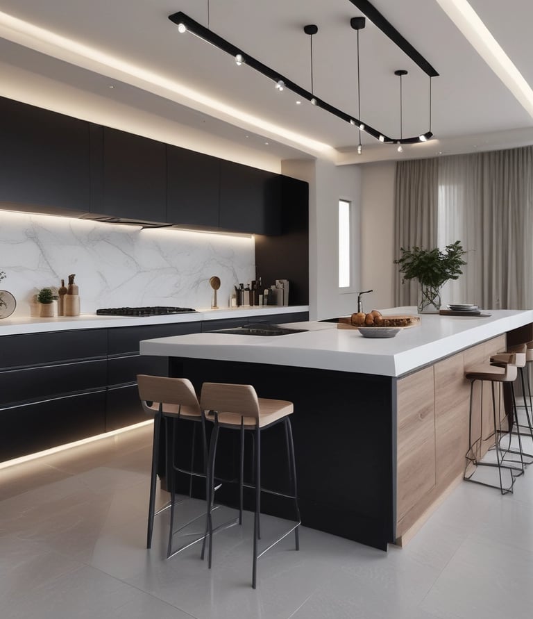 A modern interior space features a wooden chair with a patterned green cushion next to a small round wooden table. On the table is a lamp with a woven rattan base and a white lampshade. There is a colorful painting hanging above a fireplace with a light mantel. The floor has a light wood finish and a light-colored animal hide rug partially visible.