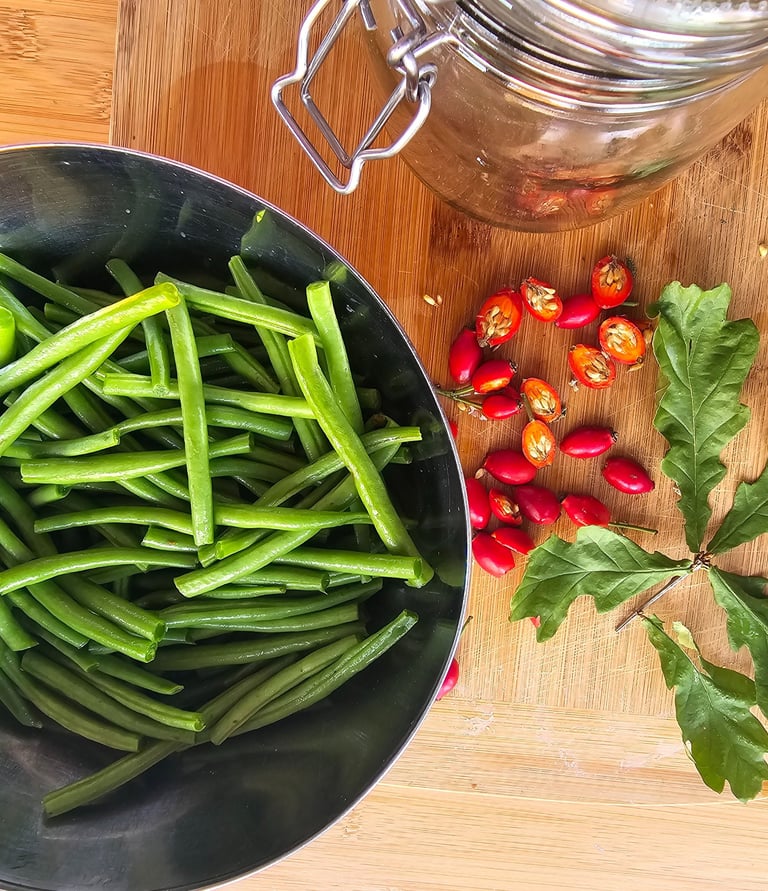 green beans rosehip berries oak leaves