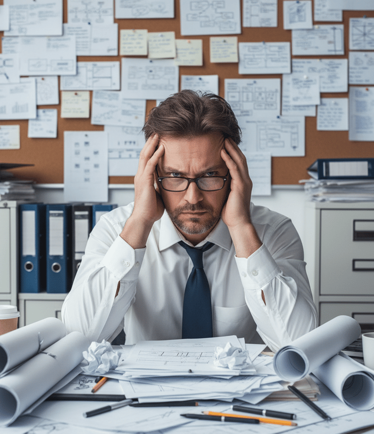 Hombre estresado en escritorio desordenado con planos. Fondo: tablero con notas.
