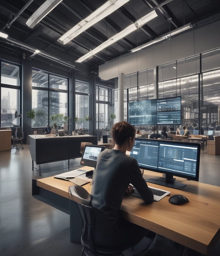 A clean, modern workspace featuring a laptop with product review content on screen and a cup of coffee.