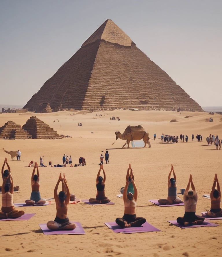 A group of people practicing yoga outdoors surrounded by ancient stone structures under a bright sky.
