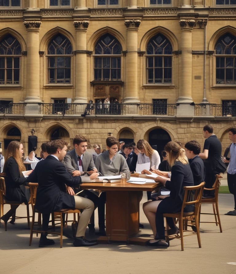A group of diverse students engaged in collaborative learning at Oxford University.