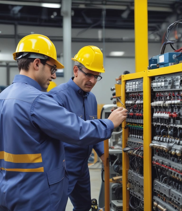 An engineer inspecting electrical equipment in a well-lit industrial setting.