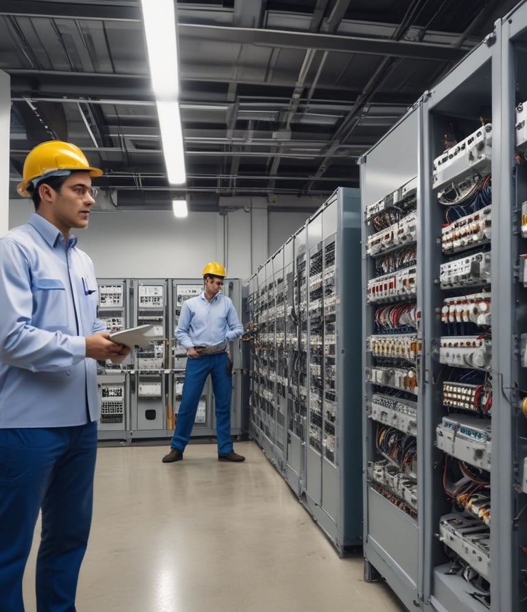 A team of professionals collaborating on an electrical project in a modern workspace.
