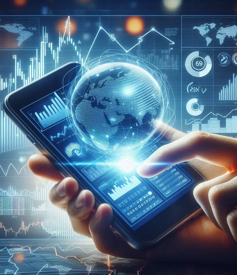 A hand holding a mobile phone displaying stock market charts showing positive trends and growth