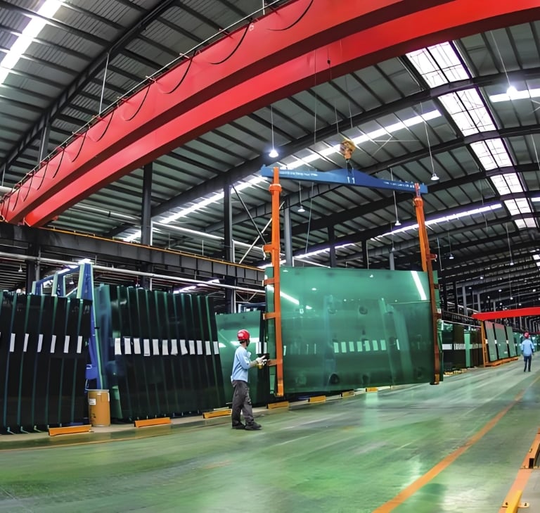 a man standing in a warehouse with a crane