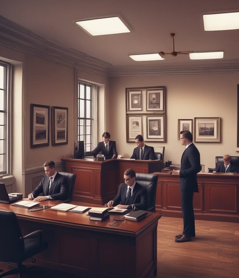 A professional lawyer consulting with a client in a modern office setting.