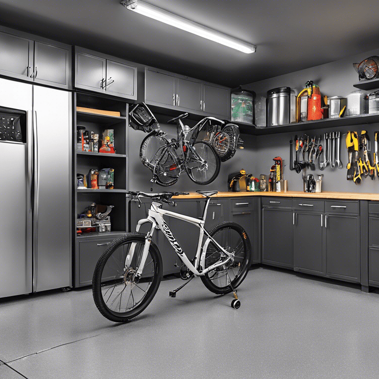 a bicycle parked in a garage with a bicycle