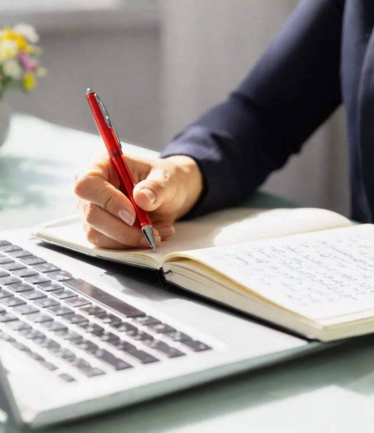 A business professional writing notes in a notebook with a red pen next to a laptop.