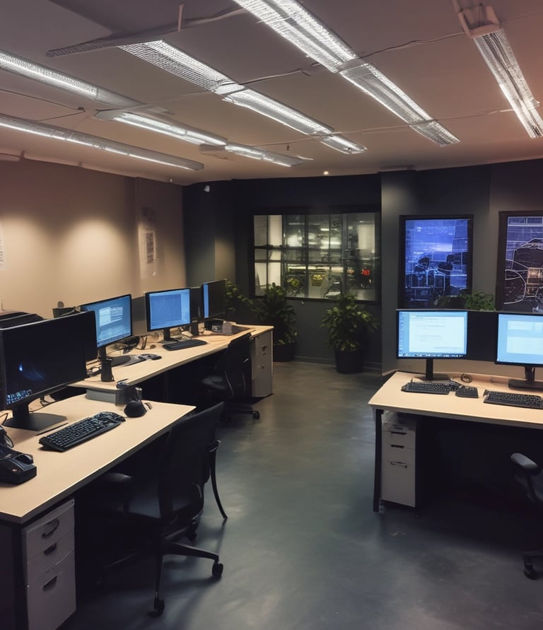 A dimly lit room features a prominent illuminated sign displaying the words 'Sysco LABS.' Below the sign are office desks with various electronic devices, including laptops and cables. The lighting creates a cool and professional atmosphere.