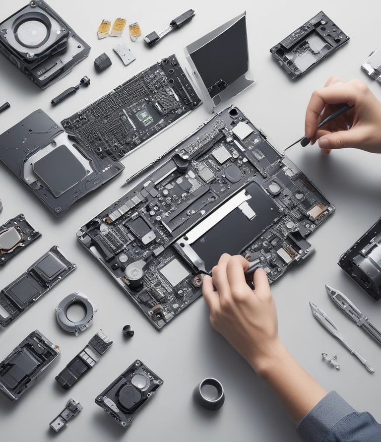 A sign for 'Shallom Komputer' is displayed prominently on the facade of a building, surrounded by lush green trees. The sign offers information about services related to hardware, software, networking, and accessories. The building features several rectangular windows and air conditioning units.