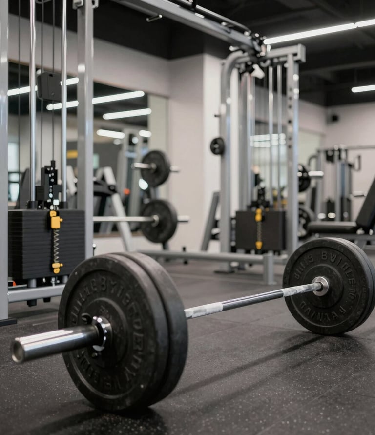 A woman with blonde hair is engaged in a workout, lifting a dumbbell with a focused expression. She is wearing a camouflage sports bra, and her muscles are visibly toned. The setting is a dimly lit gym with various workout equipment visible in the background.