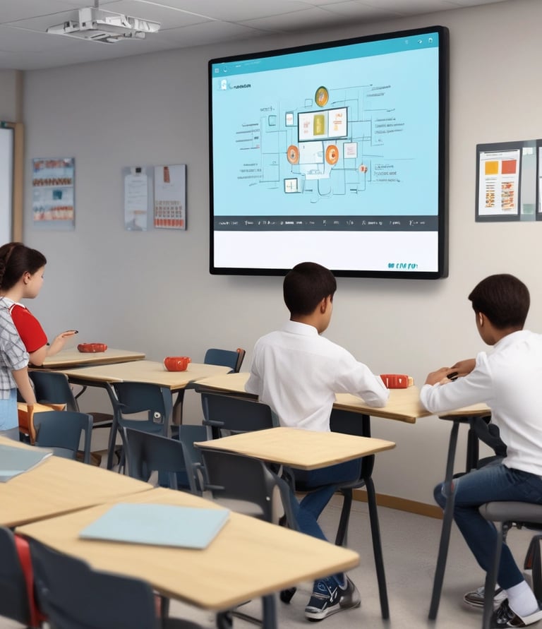 A classroom scene where a student seated at a desk is using a tablet with an external keyboard. The student is wearing headphones. In the background, other students are also using tablets and working at their desks. The classroom has educational posters on the walls and a whiteboard at the front.