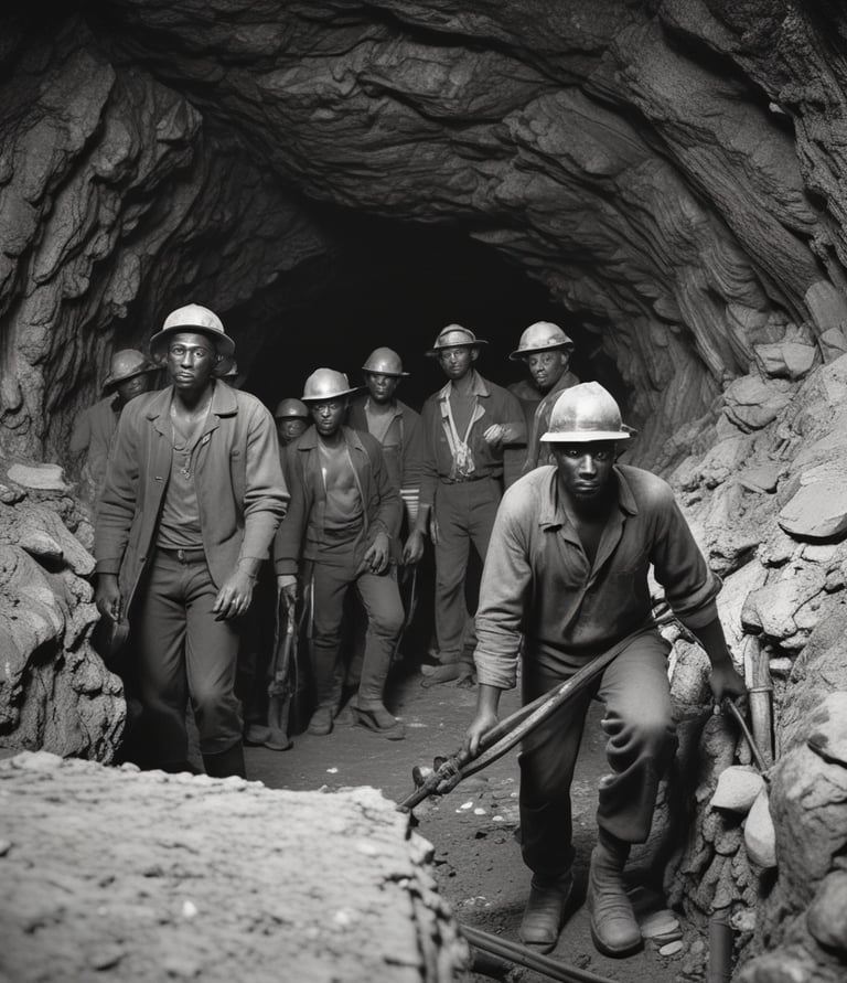 A group of diverse workers collaborating on a mining site, showcasing teamwork and safety.