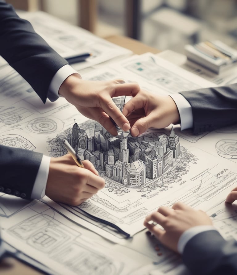 A diverse team of professionals collaborating over financial graphs and project plans.