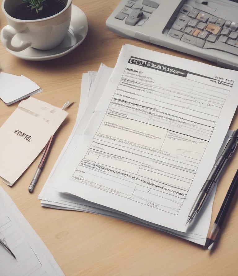 A tax form labeled Form 1120 sits on a wooden table. A black pen rests on the form, and a gray zippered pouch is partially visible beside it.