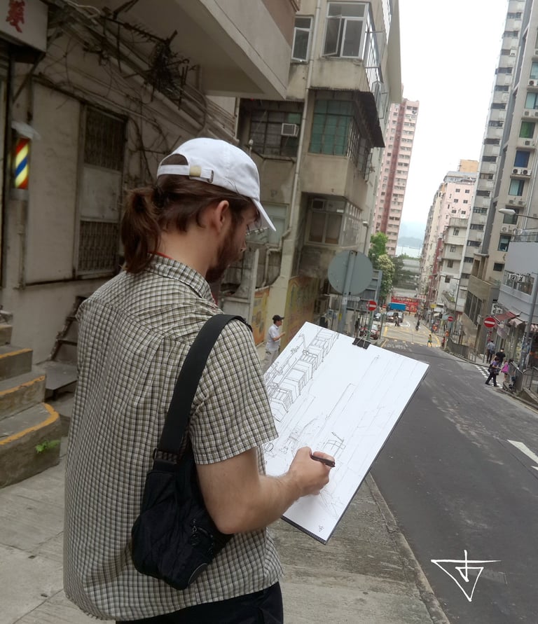 City sketcher Evgeny Bondarenko in Hong Kong