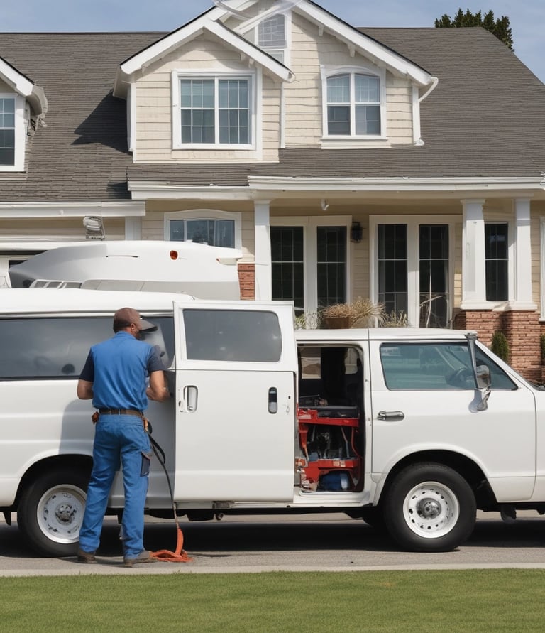 an elecrician arriving at a home with tools while his business vehicle is parked outside