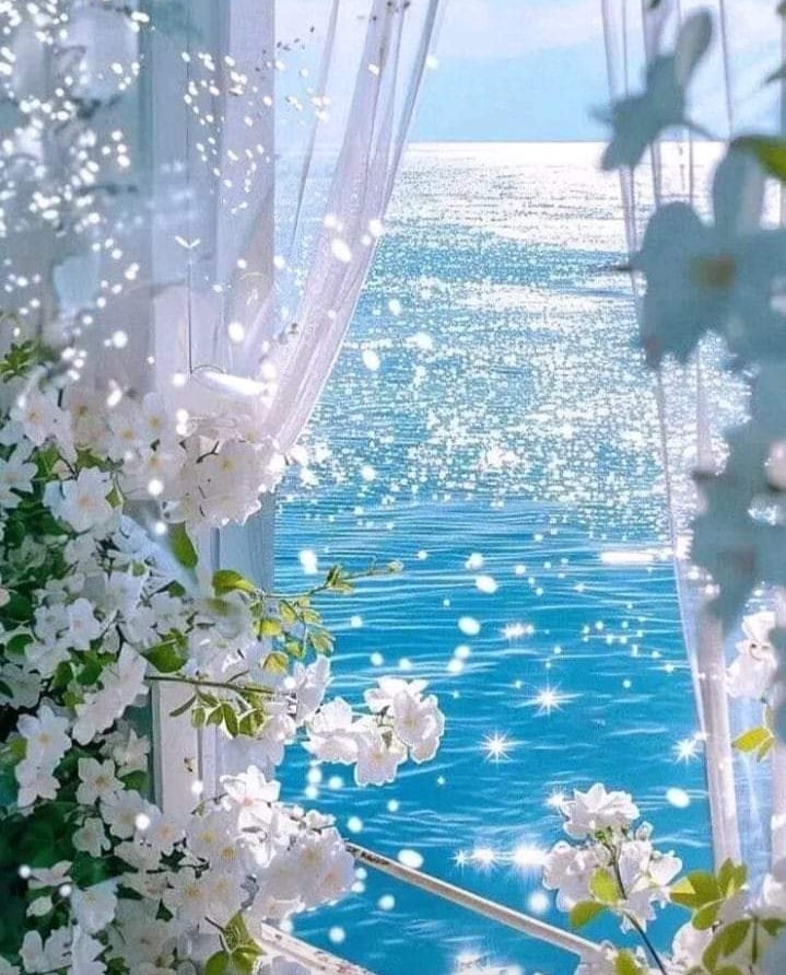 Peaceful ocean view through window with white flowers, a sacred space for spiritual reflection