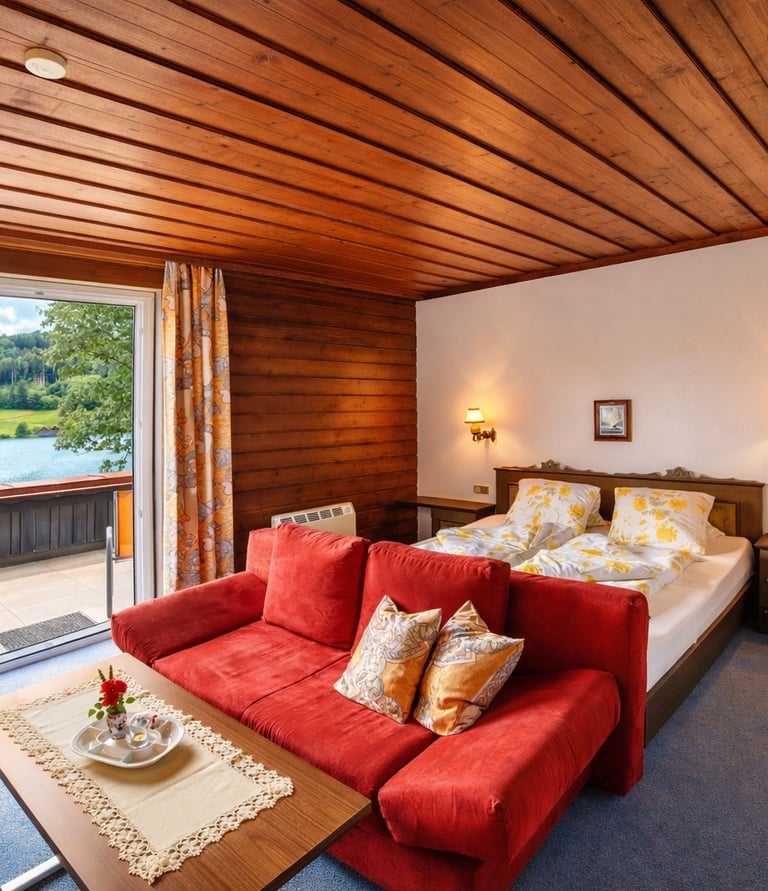 Rustic hotel room with a red sofa, wooden ceiling, and balcony overlooking a scenic lake.