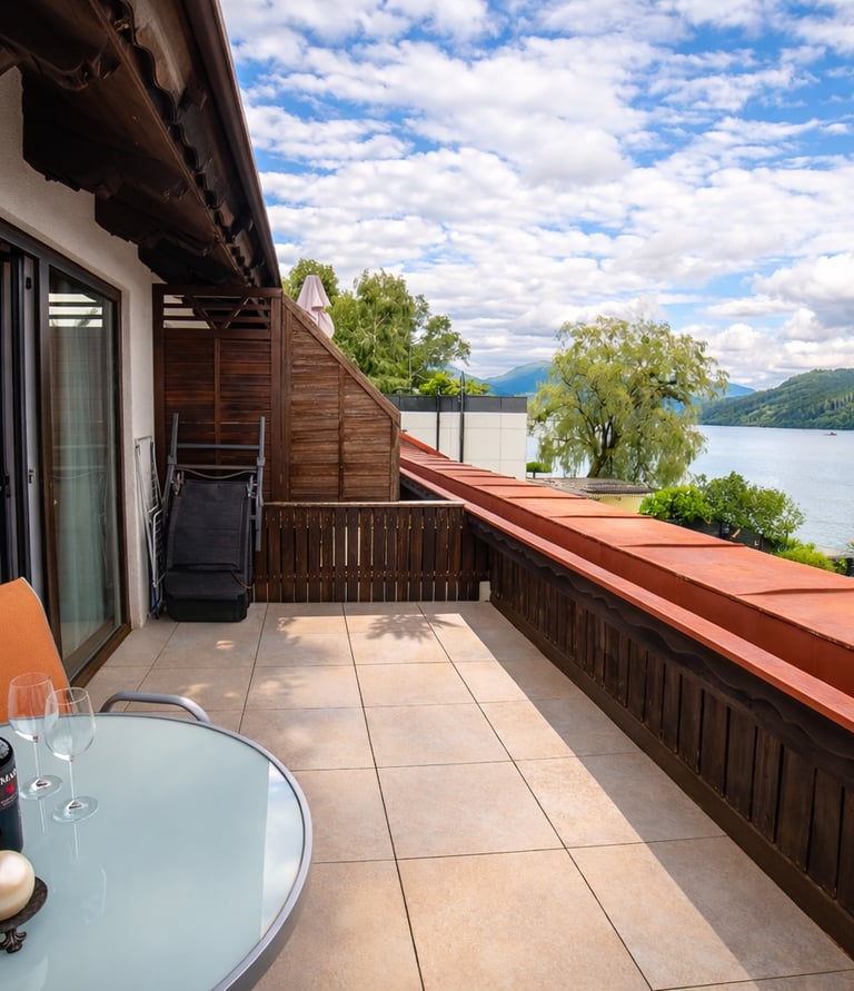 Luxury lakefront balcony with a glass table and wine overlooking scenic mountains and blue water.