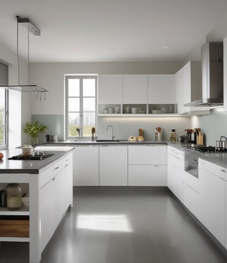 A sparkling kitchen countertop after a deep clean, sunlight streaming through the window.