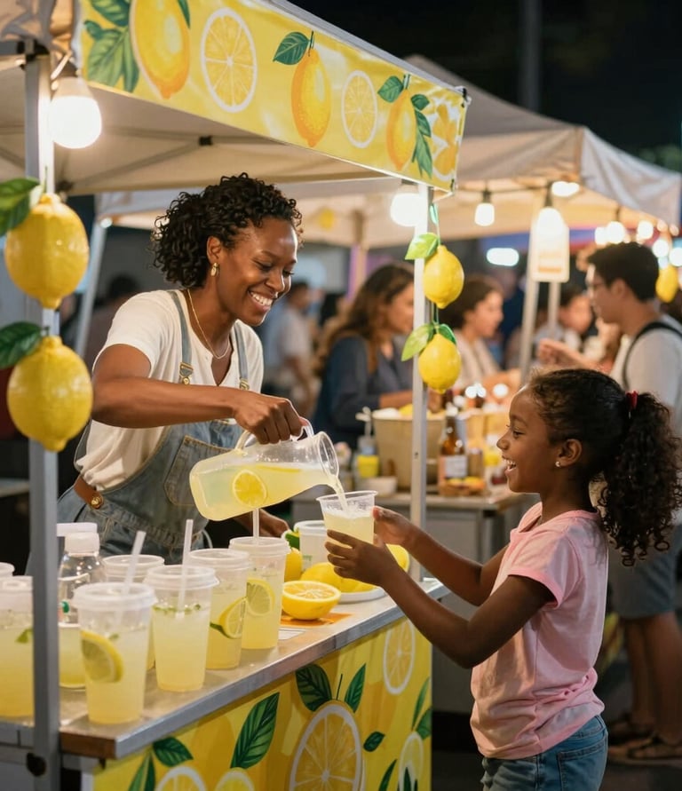 Close-up of a smiling vendor handing over a delicious street food dish under warm glowing lights.
