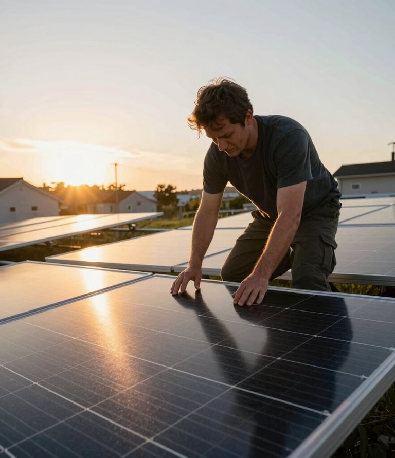 Technician installing solar panels with friendly customer in the background