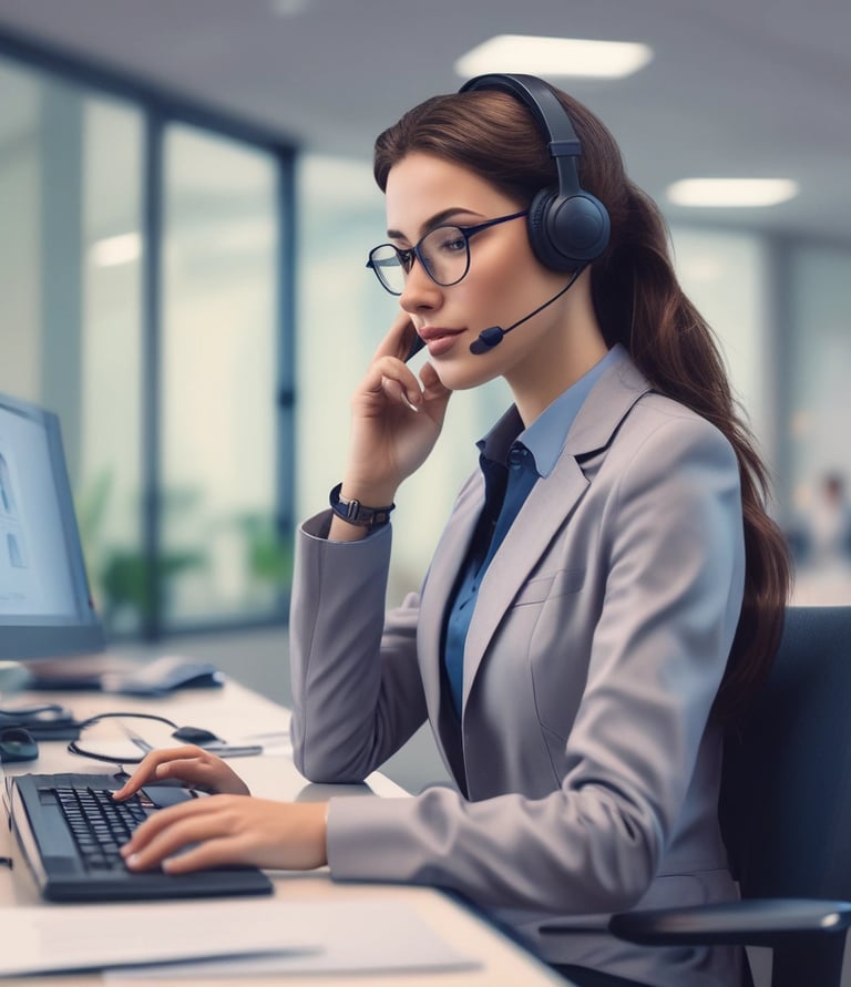 A friendly AI assistant icon with a headset, symbolizing 24/7 call answering.