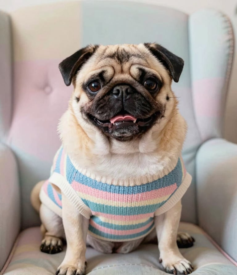 Un perrito feliz usando un swetaer  de rayas colorido