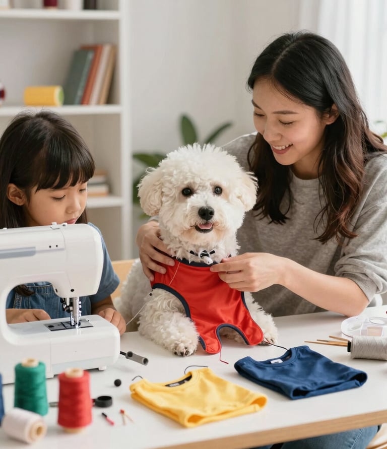 Una mujer y una niña utilizan una máquina de coser para confeccionar ropa a medida para su perro Bichón Frisé blanco.