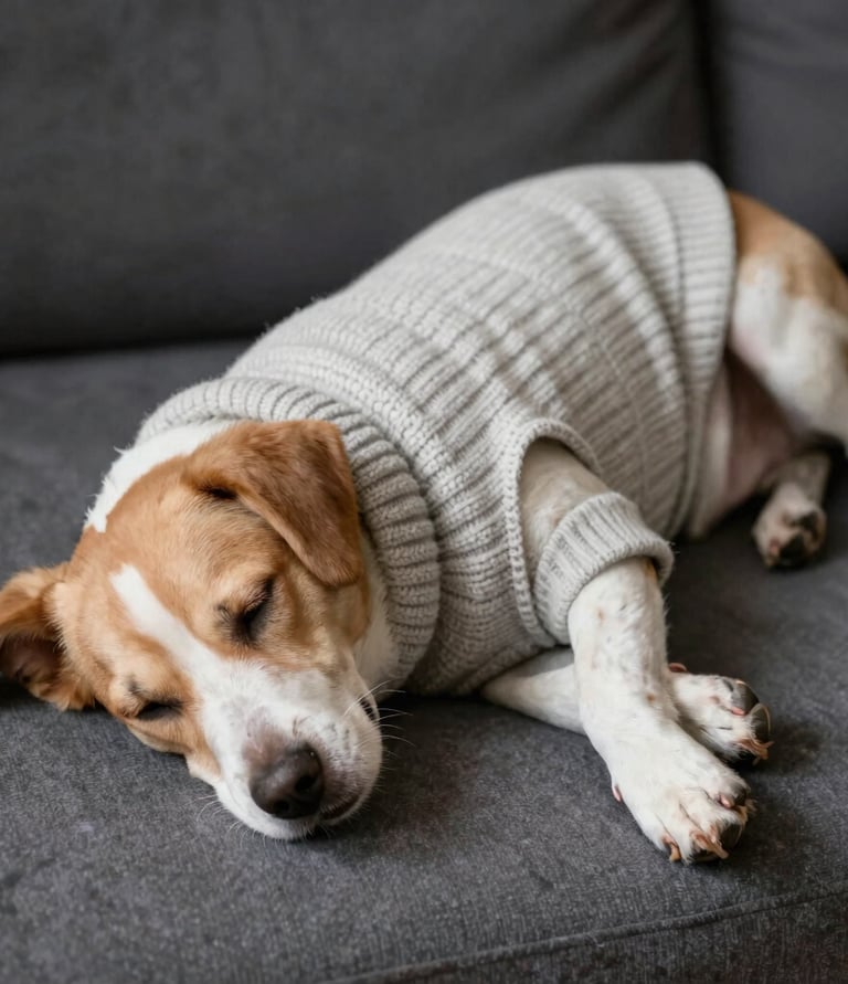 perro disfrutando de una siesta, usando un sueter hecho en patitas coquetas