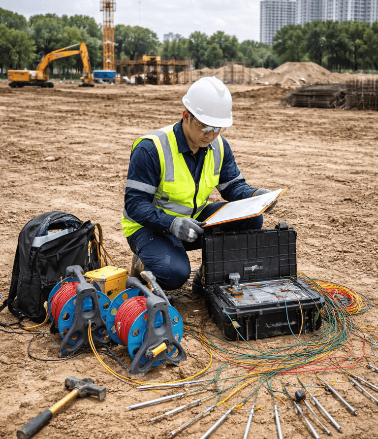 Engineer performing a geophysical site survey with seismic equipment at a construction site.