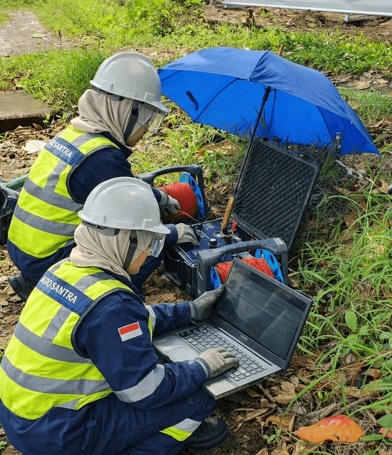 Two female technicians in safety gear using a laptop and geophysical equipment for field surveys.